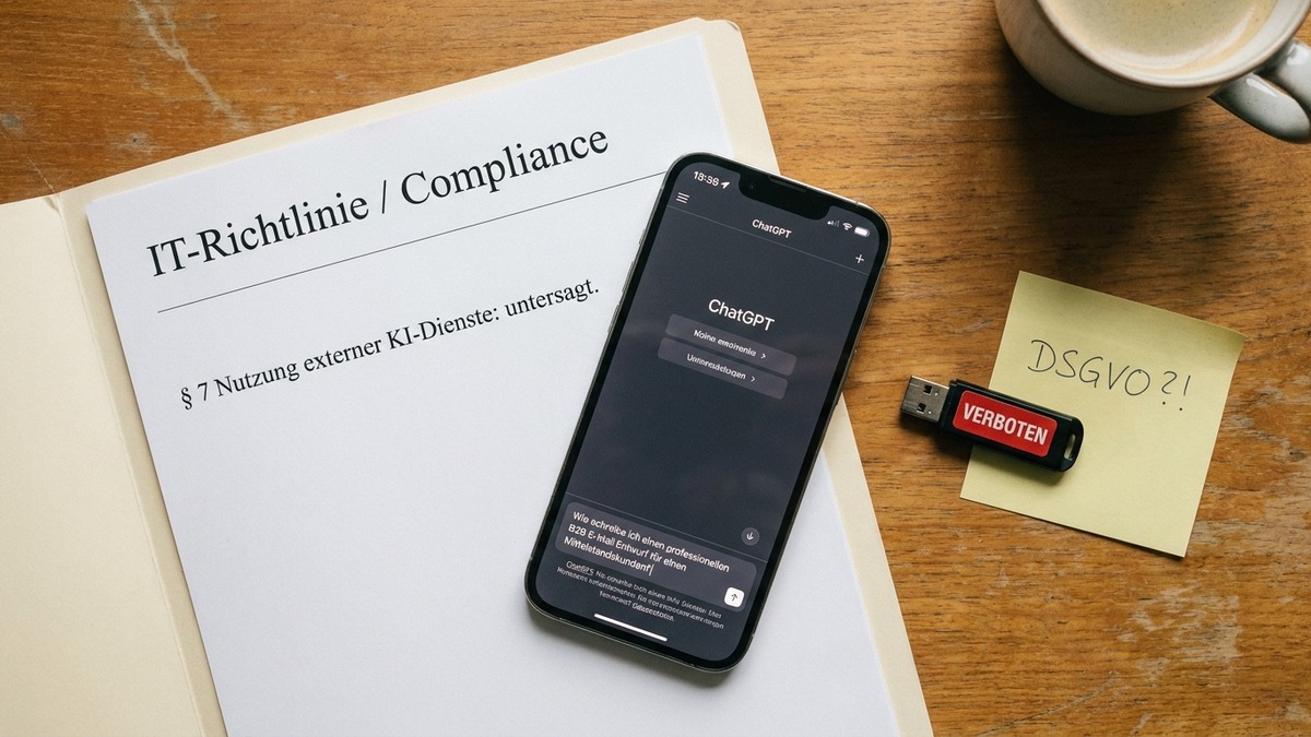 Schatten-KI im Mittelstand: Die Compliance-Bombe tickt 3 Editorial-Stillleben: IT-Richtlinie verbietet externe KI-Dienste, Smartphone mit ChatGPT-App darauf, USB-Stick mit VERBOTEN-Sticker.