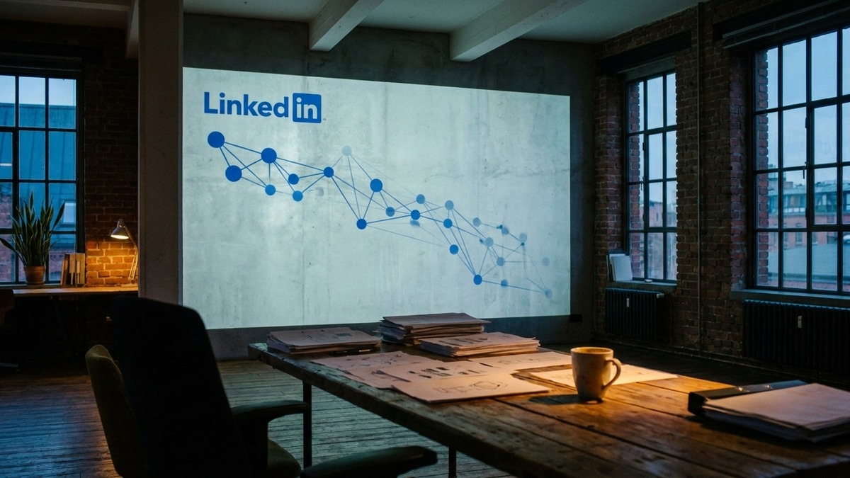 Editorial-Foto: Industrial Loft mit Wandprojektion eines LinkedIn-Logos und absteigender Netzwerk-Graph - Reach-Verlust-Visualisierung. Collective Brain Newsroom.