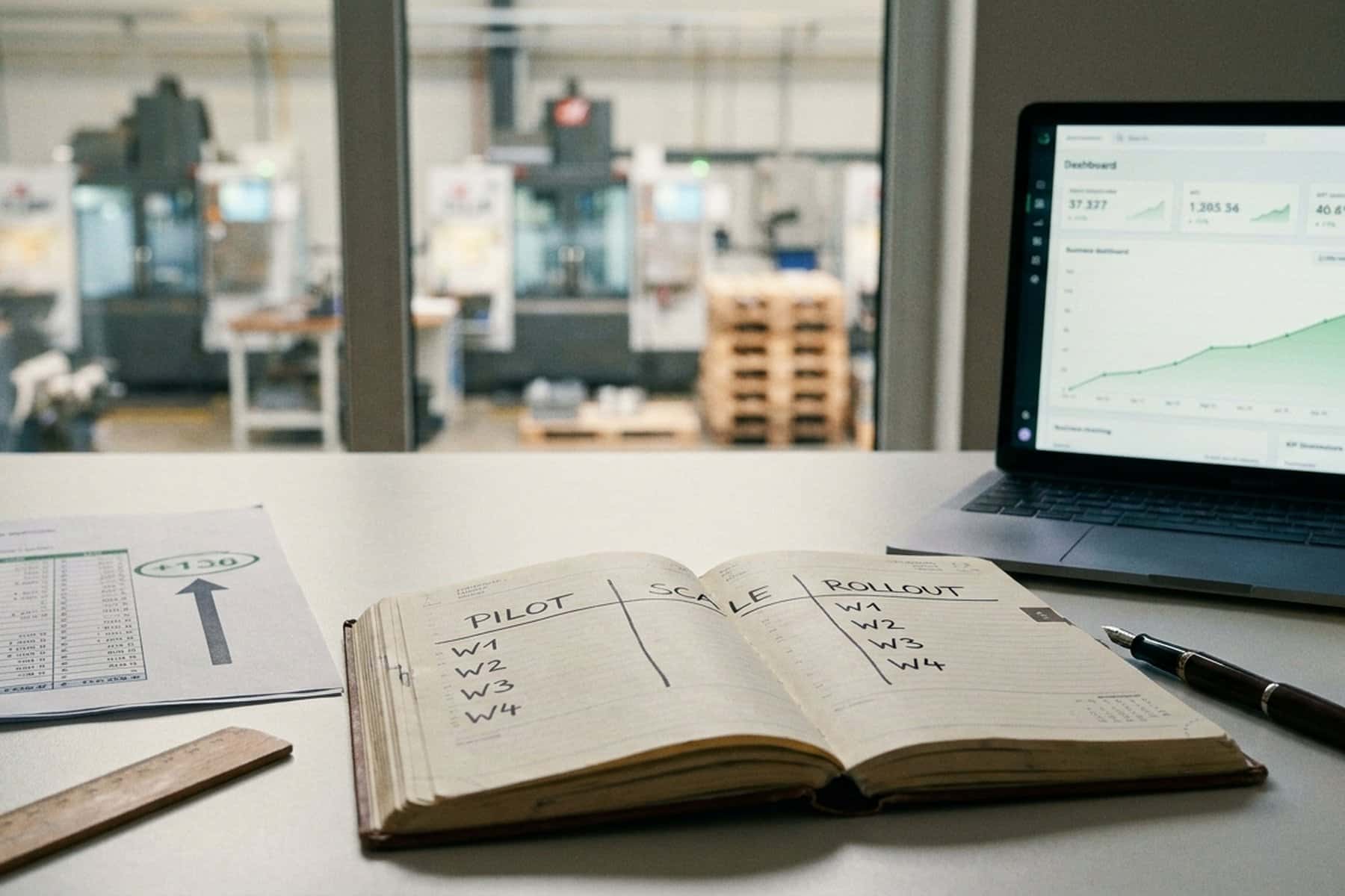 KI-Pilotprojekt-Roadmap im Notebook (PILOT/SCALE/ROLLOUT mit W1-W4) + ROI-Spreadsheet + Laptop-Dashboard, im Hintergrund Mittelstand-Werkshalle mit CNC-Maschinen