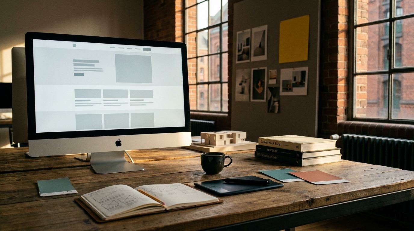 Moderne Hamburg-Design-Agentur-Workstation mit iMac-Wireframe, Notizbuch-Sketches, Tablet und Mood-Board — Handwerk einer guten B2B-Unternehmenswebsite 2026