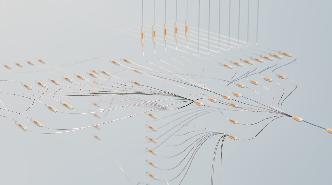 Farbige KI-Illustration eines neuronalen Netzwerks, erstellt von Novoto Studio für das Visualising AI Projekt