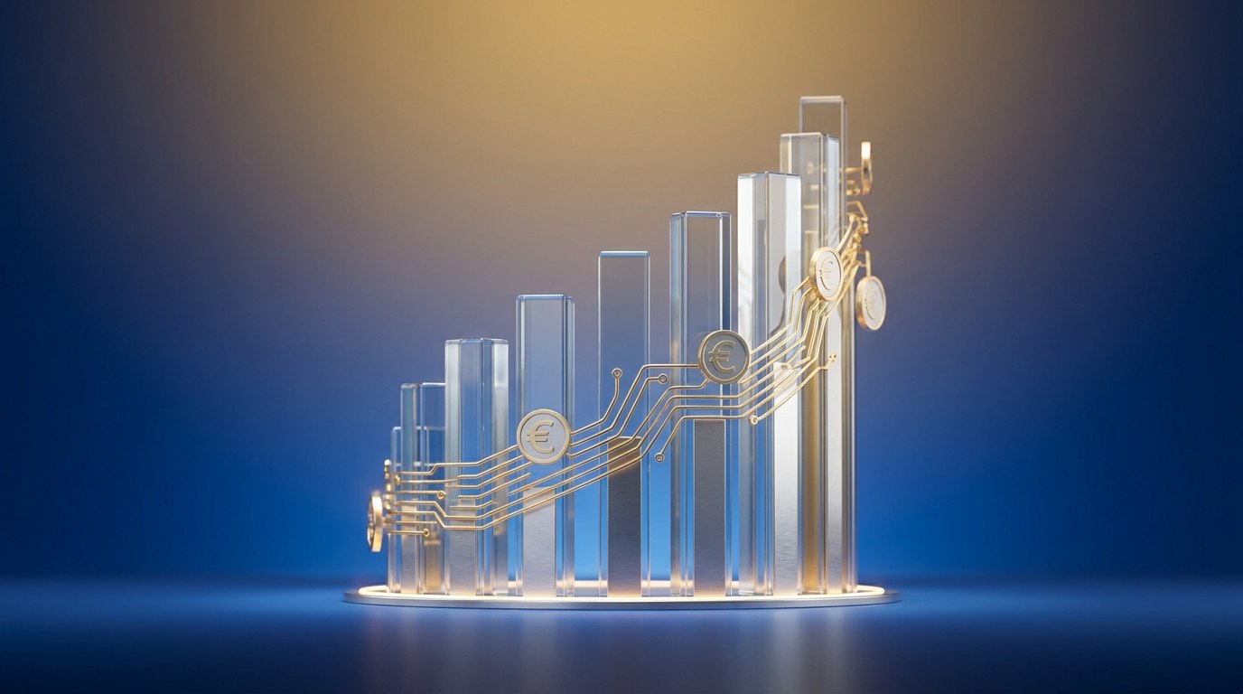 Aufsteigendes gläsernes Balkendiagramm mit goldenen Euro-Münzen auf blau-goldenem Hintergrund, Symbol für die BAFA-geförderte Marketingberatung