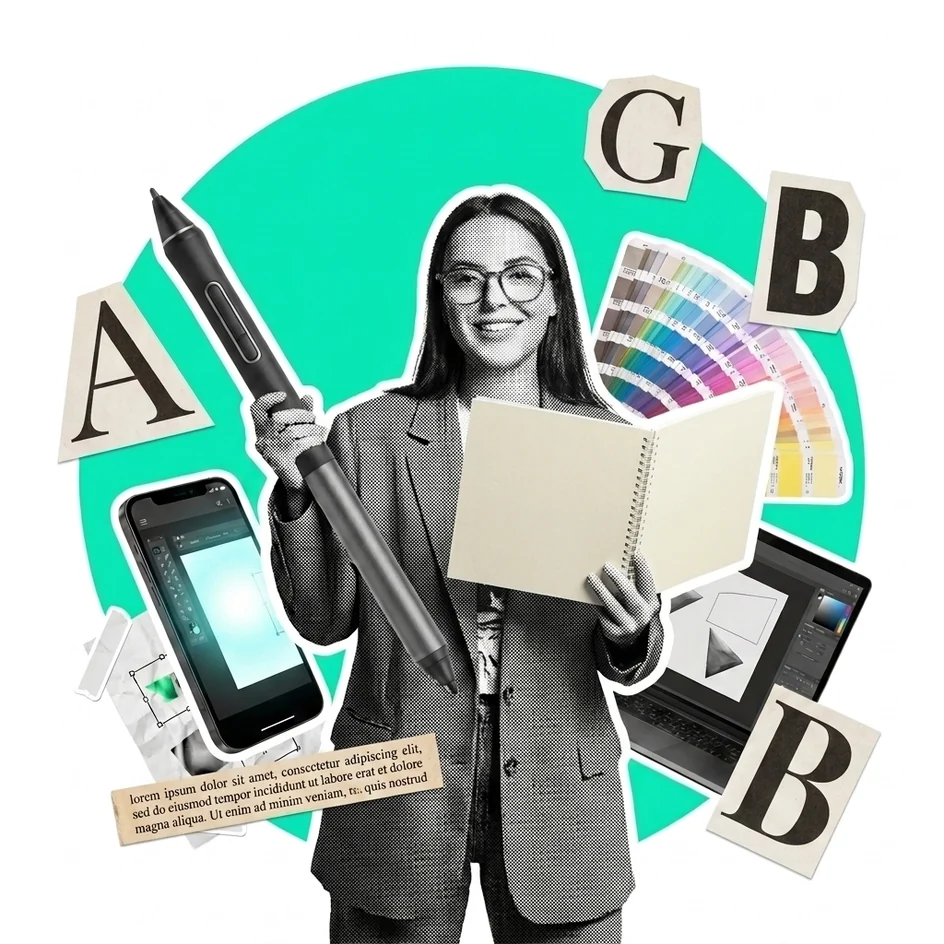 Brand design by Collective Brain: designer with brand book, letterforms and color swatch fan