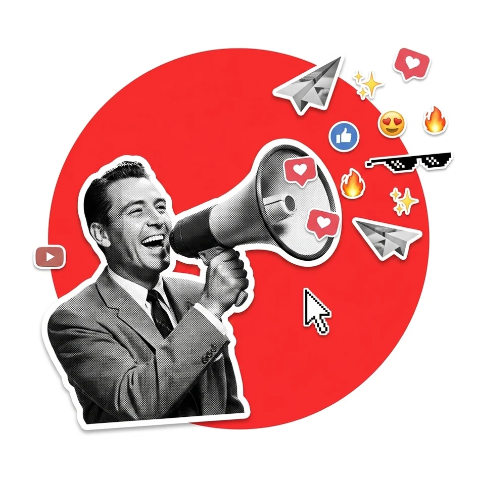 Content creation by Collective Brain: man shouting into a megaphone, likes and paper planes flying out
