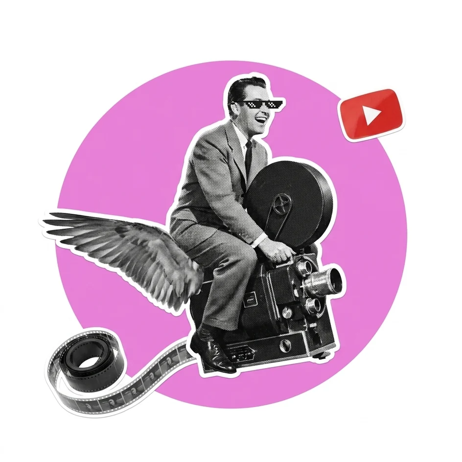 Corporate film by Collective Brain: man riding a flying film projector