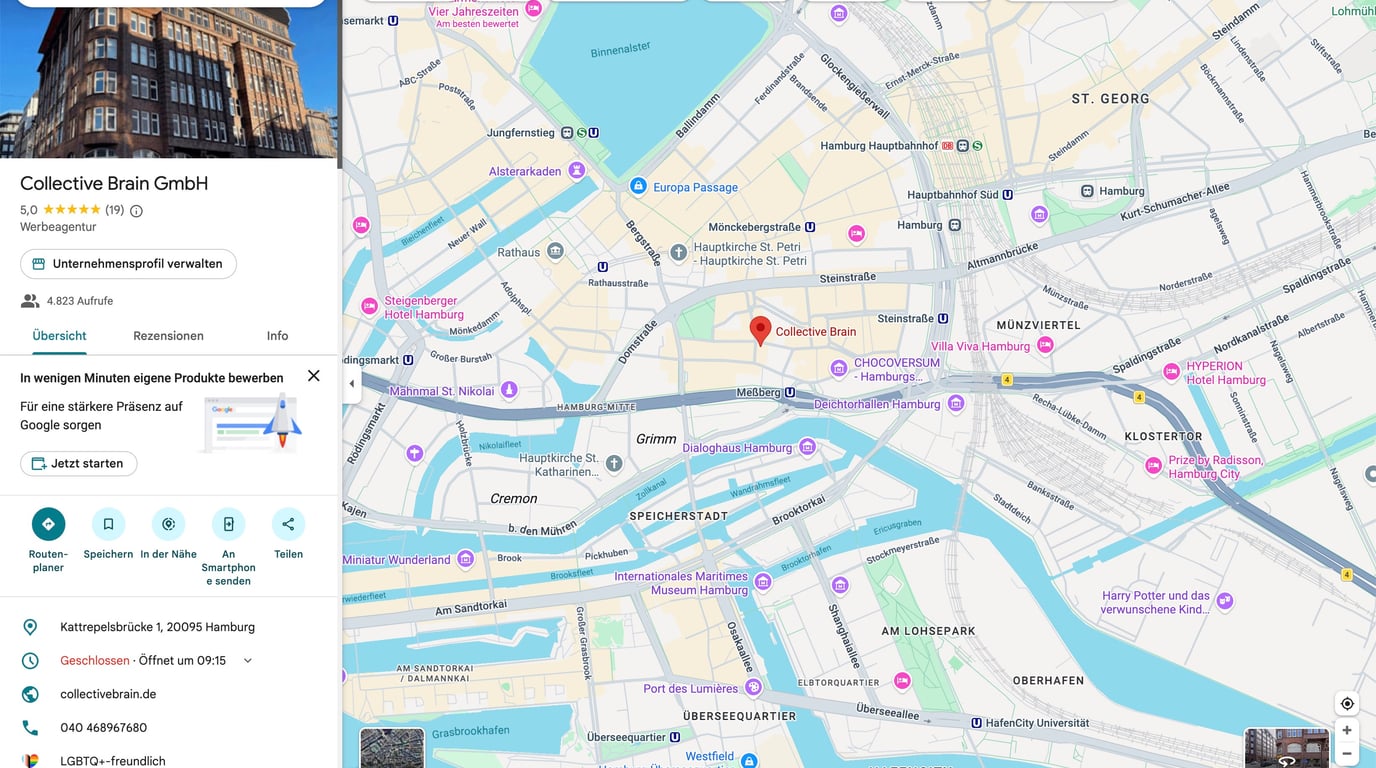 Google-Business-Profil der Collective Brain GmbH in Google Maps mit 5,0-Sterne-Bewertung und Kartenansicht von Hamburg