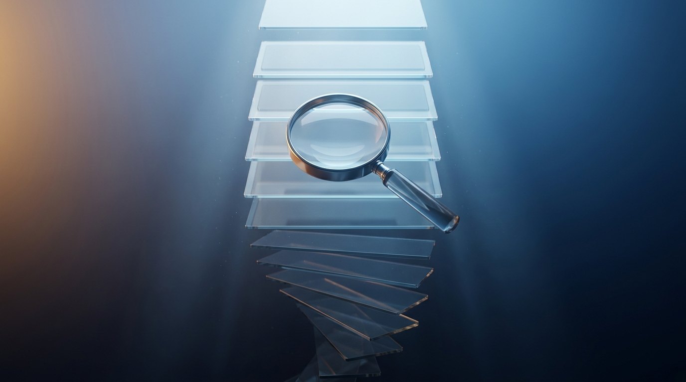 Lupe über abgestuften, nach unten absteigenden Glas-Panels auf dunkelblauem Hintergrund, Symbolbild für sinkende Google-Rankings im Mittelstand nach dem Mai 2026 Core Update