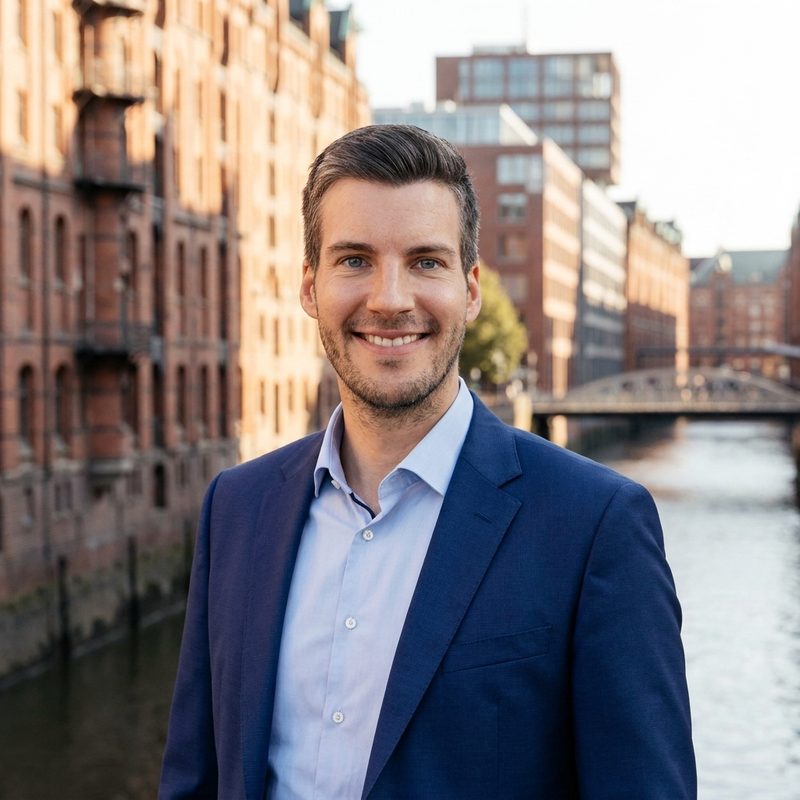 Learoy Eichholz, Lead KI-Automation bei Collective Brain, vor der Speicherstadt in Hamburg