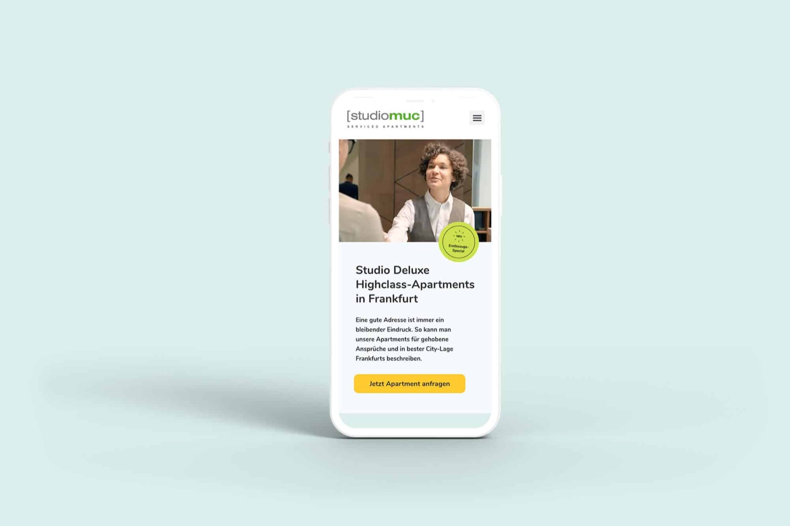 studiomuc Website auf dem iPhone: mobile Buchungsstrecke der Serviced-Apartments in Frankfurt