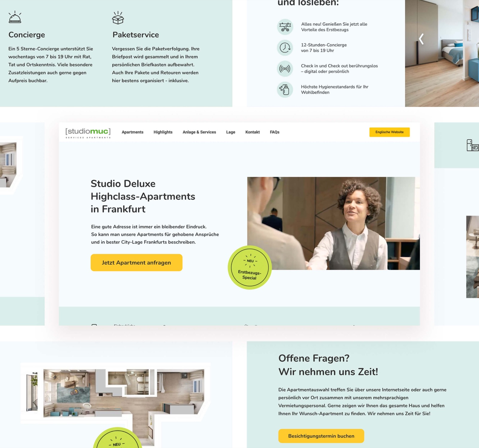Überblick der neuen studiomuc Website: Startseite, Apartment-Seiten und Landingpages