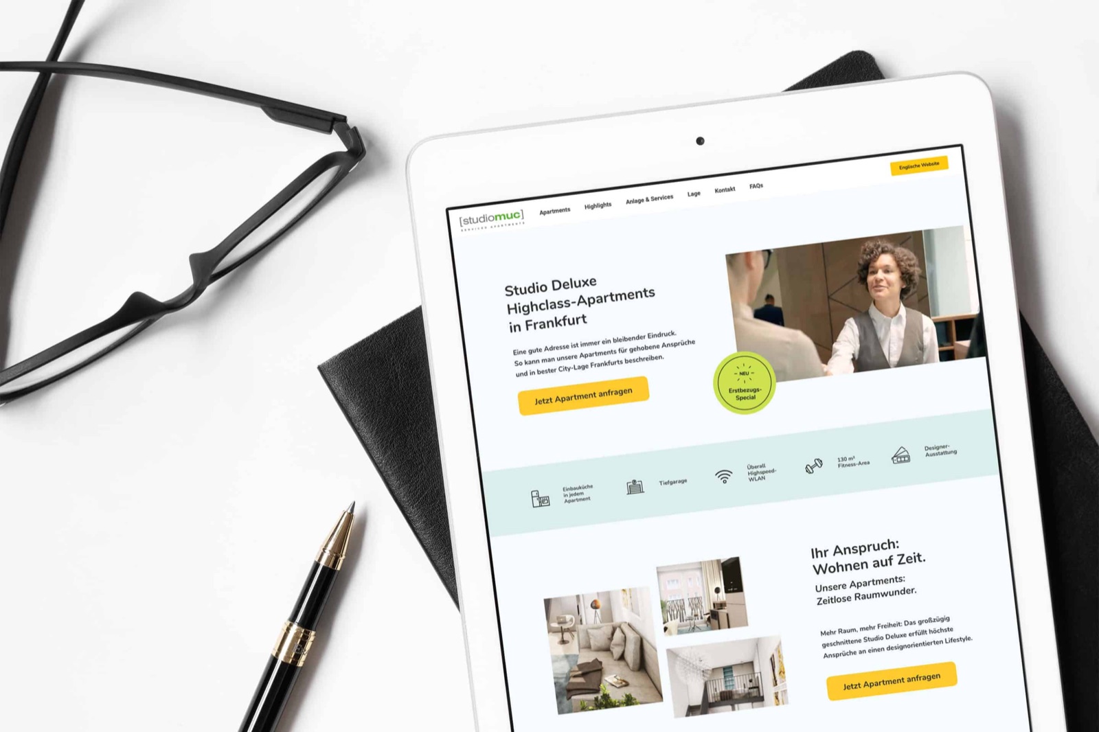 studiomuc Landingpage auf dem Tablet: Apartment-Übersicht der neuen Website