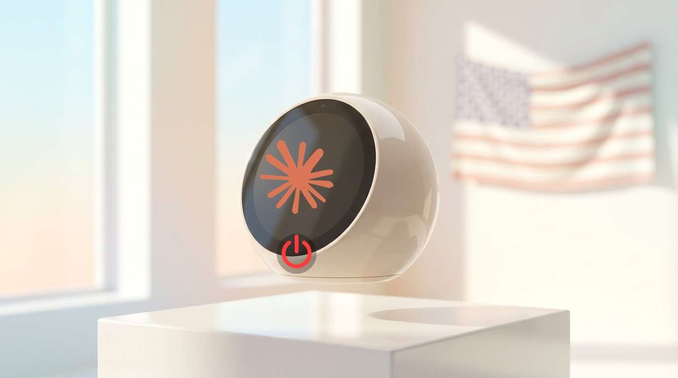 Helles Studio: ein abgeschaltetes Claude-Gerät mit dunklem Standby-Screen und Claude-Logo, davor ein rotes Power-off-Symbol, im Hintergrund eine US-Flagge