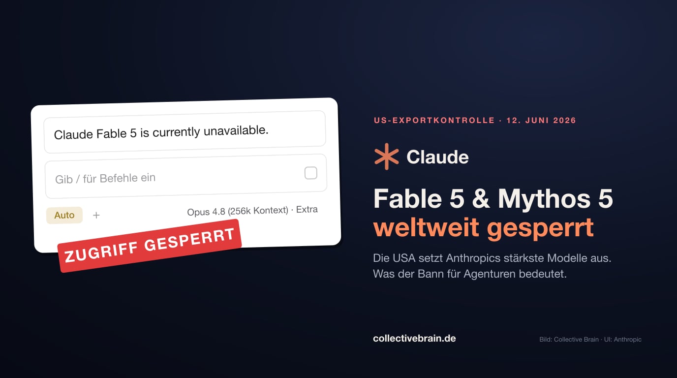 Editorial-Cover: die Claude-App-Meldung ‚Claude Fable 5 is currently unavailable' mit rotem Stempel ‚Zugriff gesperrt' und dem Claude-Logo