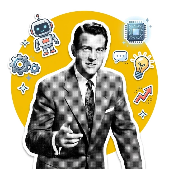 Retro collage on a yellow circle: a man in a suit pointing forward, surrounded by a robot, a microchip, a light bulb and a rising arrow