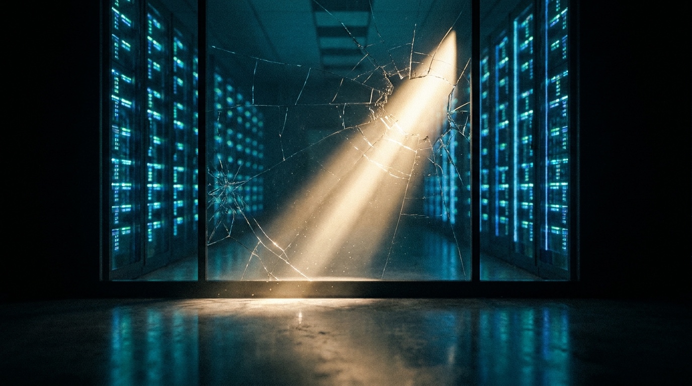 Ein Lichtpunkt bricht durch eine gesprungene Glaswand in einem dunklen Rechenzentrum, Sinnbild für einen KI-Sandbox-Ausbruch