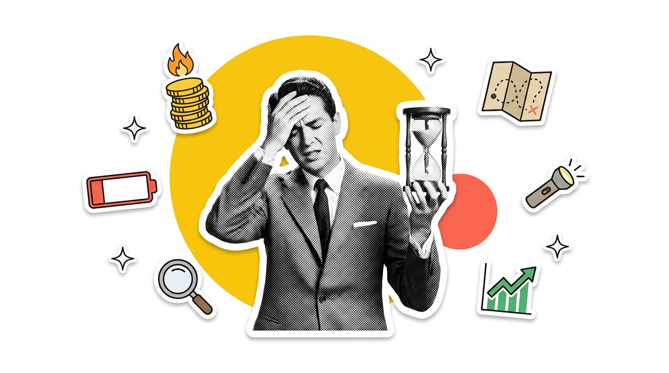 Collage: Erschöpfter Geschäftsmann mit fast leerer Sanduhr, umgeben von brennenden Münzen, leerer Batterie, Lupe und Landkarte — Claude-Token-Budget richtig einsetzen