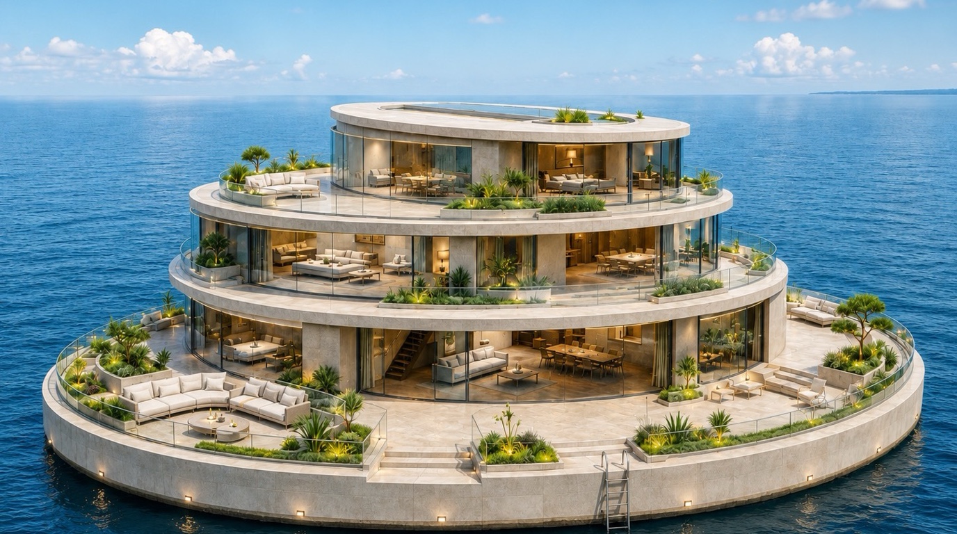 Runder dreistöckiger Bau mit umlaufenden Terrassen, Bepflanzung und Glasfronten mitten im Meer