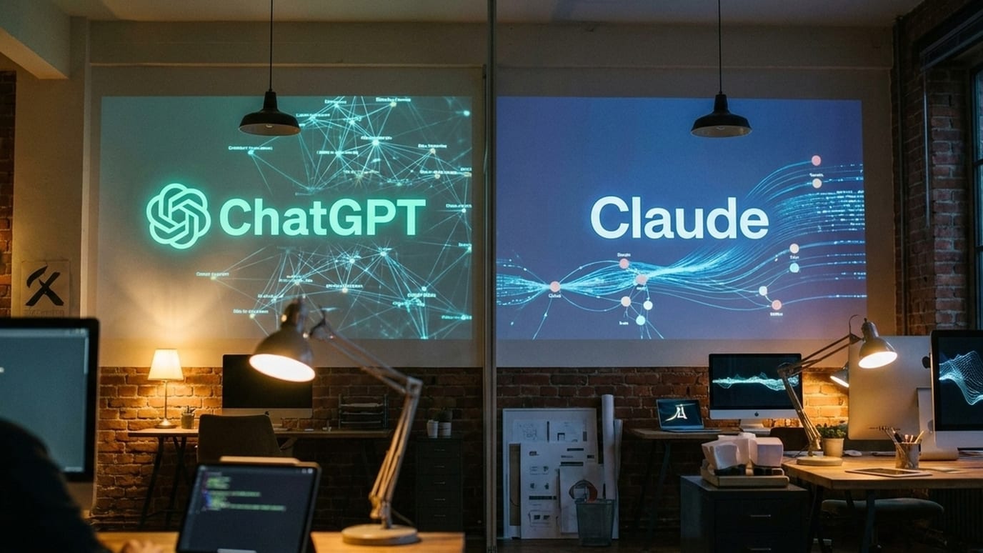 Office with two large projections showing the ChatGPT and Claude interfaces above desks with laptops and monitors