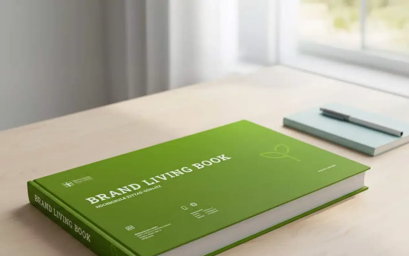 Green hardcover Brand Living Book for Zittau/Görlitz University lying on a light wooden desk next to a notebook and pen