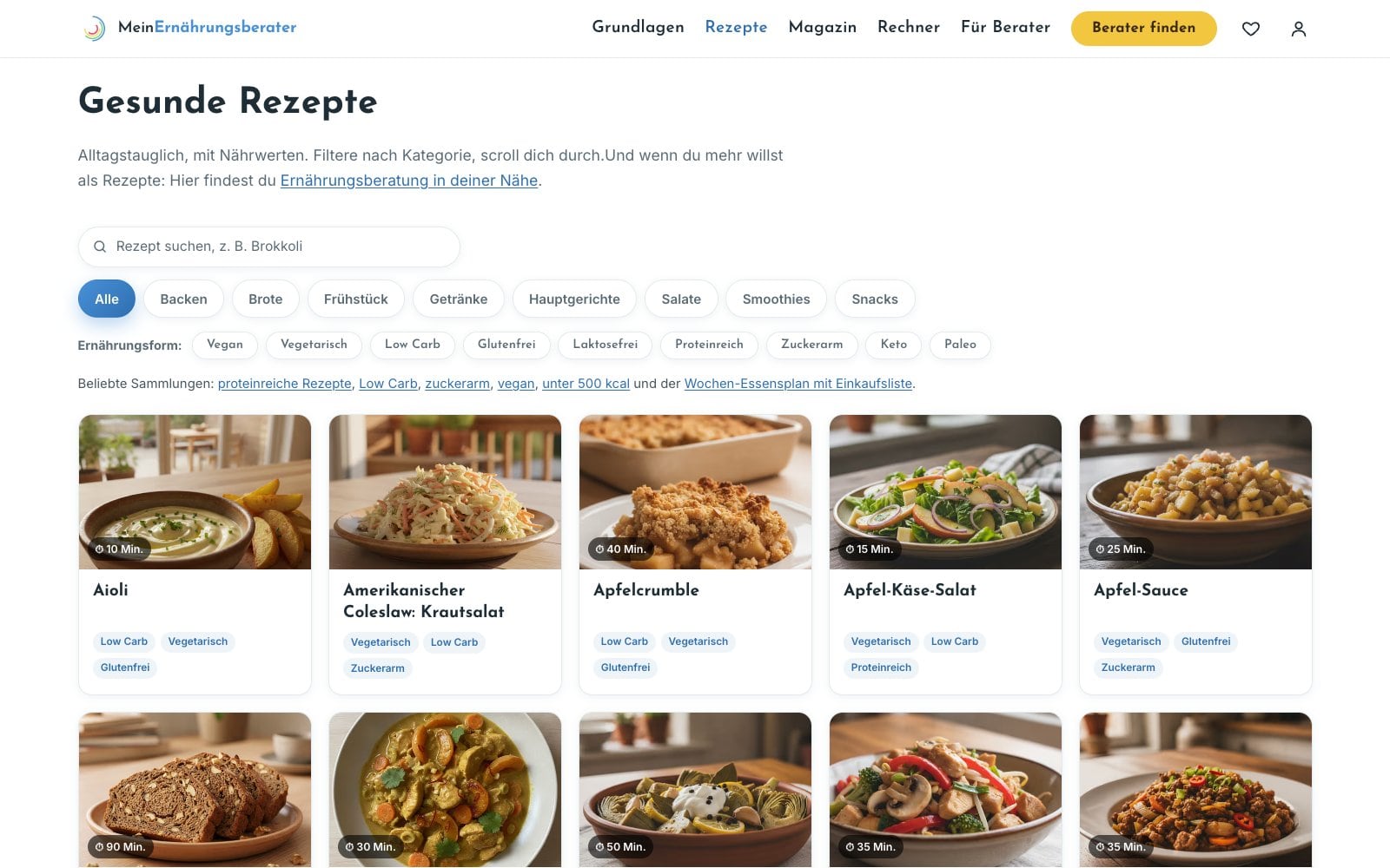 Rezeptübersicht von Mein Ernährungsberater mit Filtern nach Kategorie und Ernährungsform