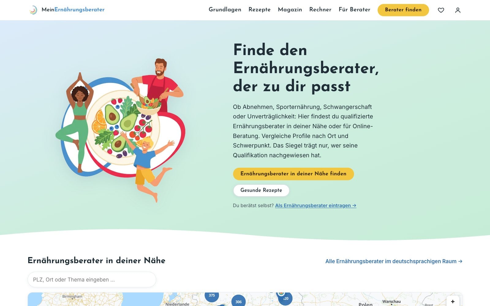 Startseite von mein-ernaehrungsberater.com mit Berater-Suche und Rezeptempfehlungen
