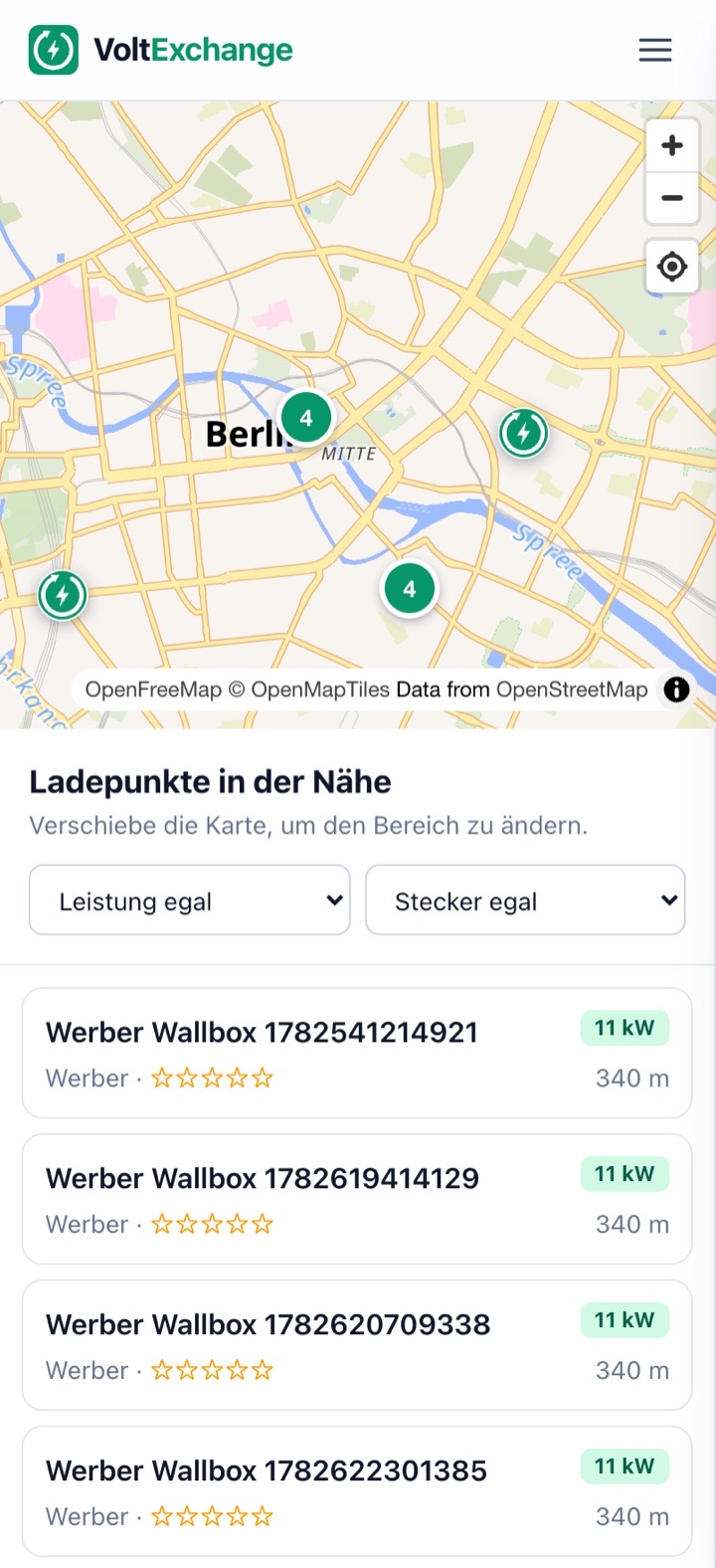 VoltExchange-App auf dem Smartphone: Karte mit privaten Ladepunkten und Filter nach Leistung und Steckertyp