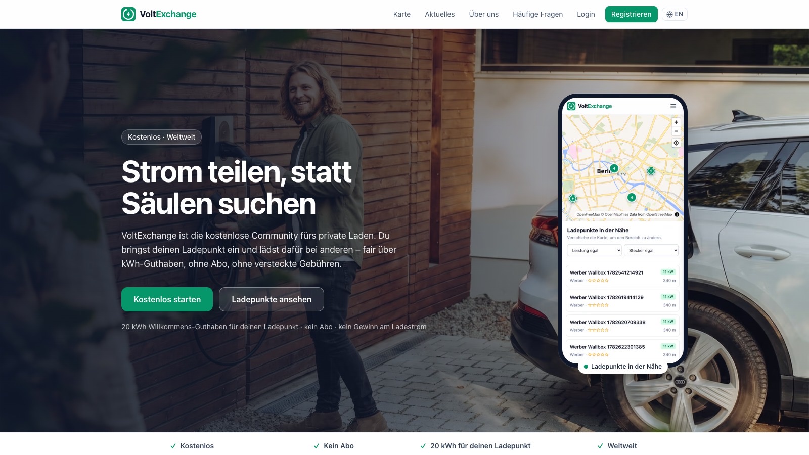Startseite von voltexchange.app: Strom teilen statt Säulen suchen, mit App-Vorschau der Ladepunkt-Karte