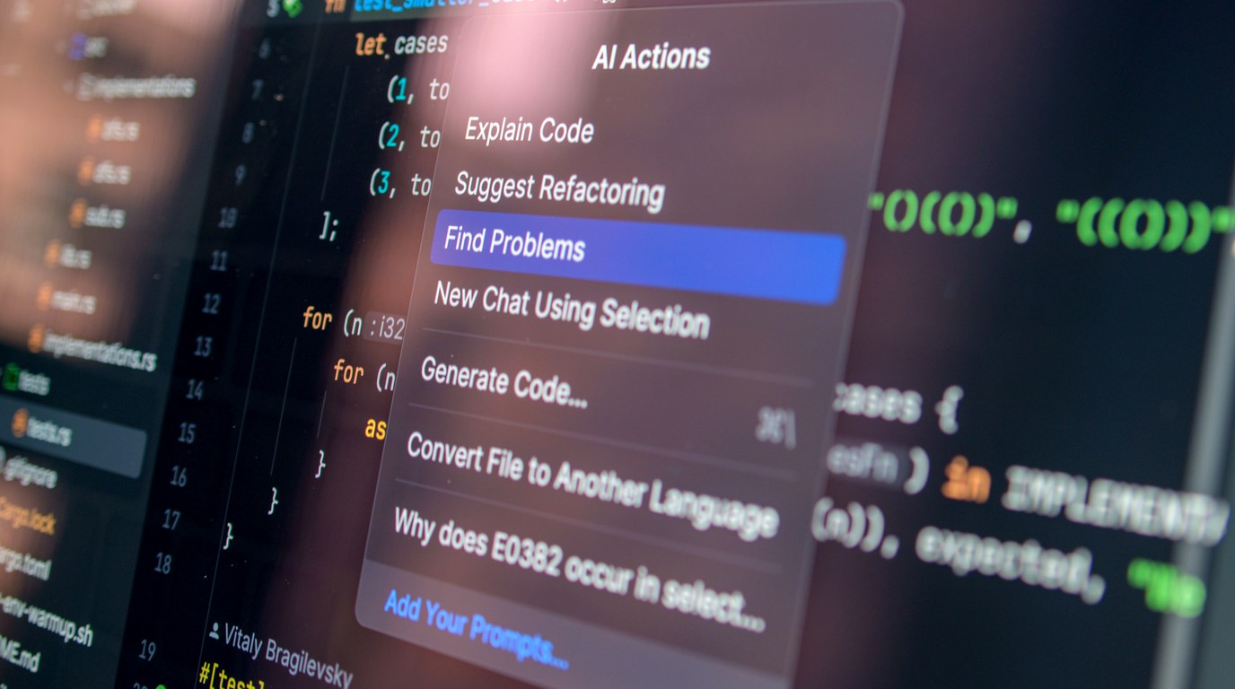 Nahaufnahme eines Monitors mit geöffnetem KI-Aktionsmenü über Programmcode im Editor