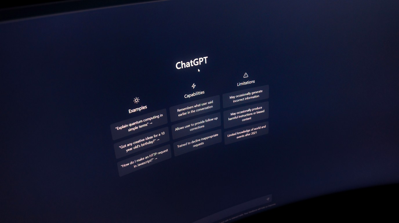 Computerbildschirm mit dem Startbildschirm von ChatGPT auf einem Schreibtisch