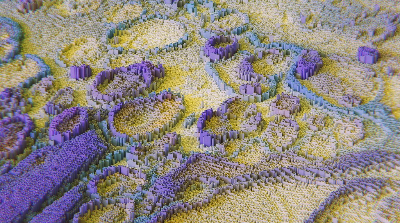 Abstrakte 3D-Grafik aus violetten und gelben Pixelsäulen, angeordnet wie eine Landschaft