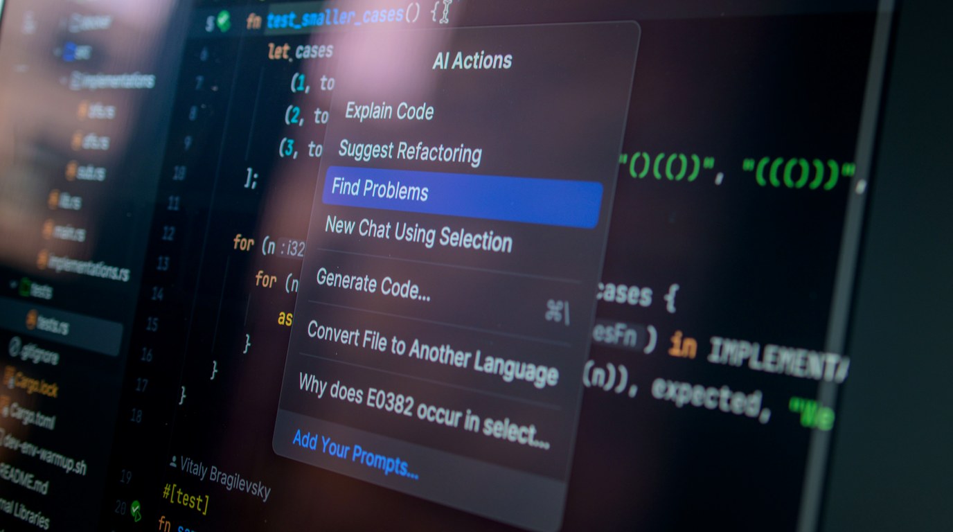 Bildschirm eines Code-Editors mit geöffnetem Menü namens AI Actions und mehreren wählbaren Befehlen