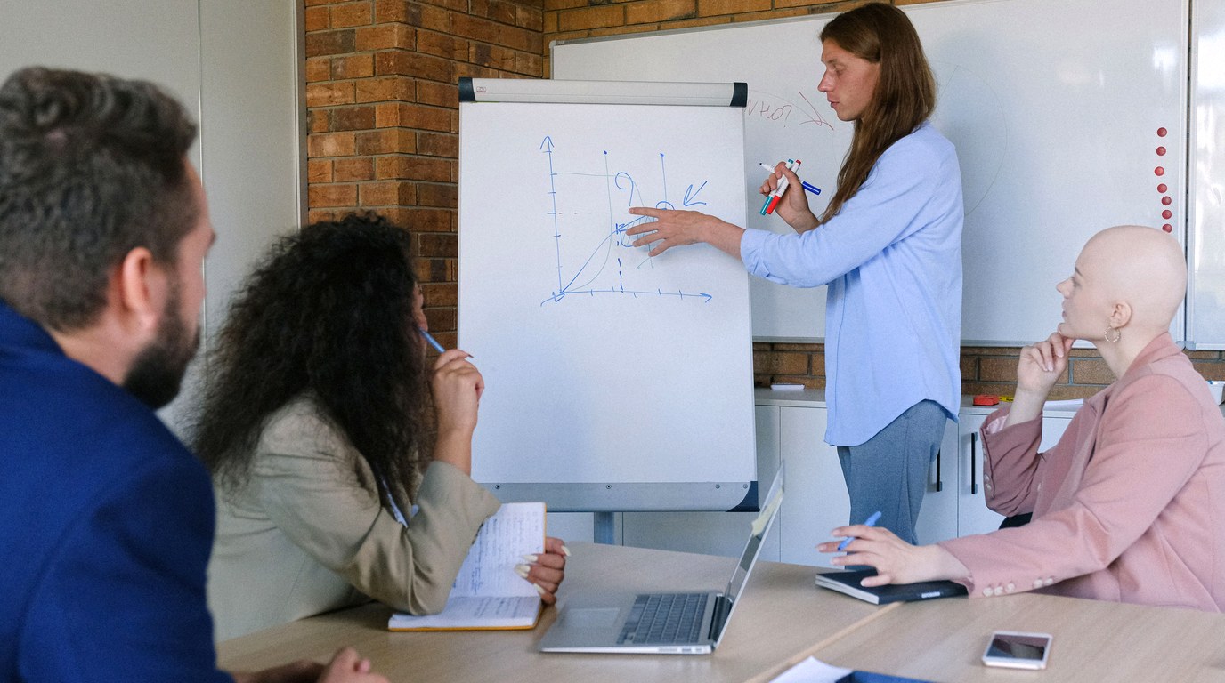 Person am Flipchart erklärt eine Kurve, drei Beschäftigte hören am Konferenztisch mit Laptop und Notizbuch zu