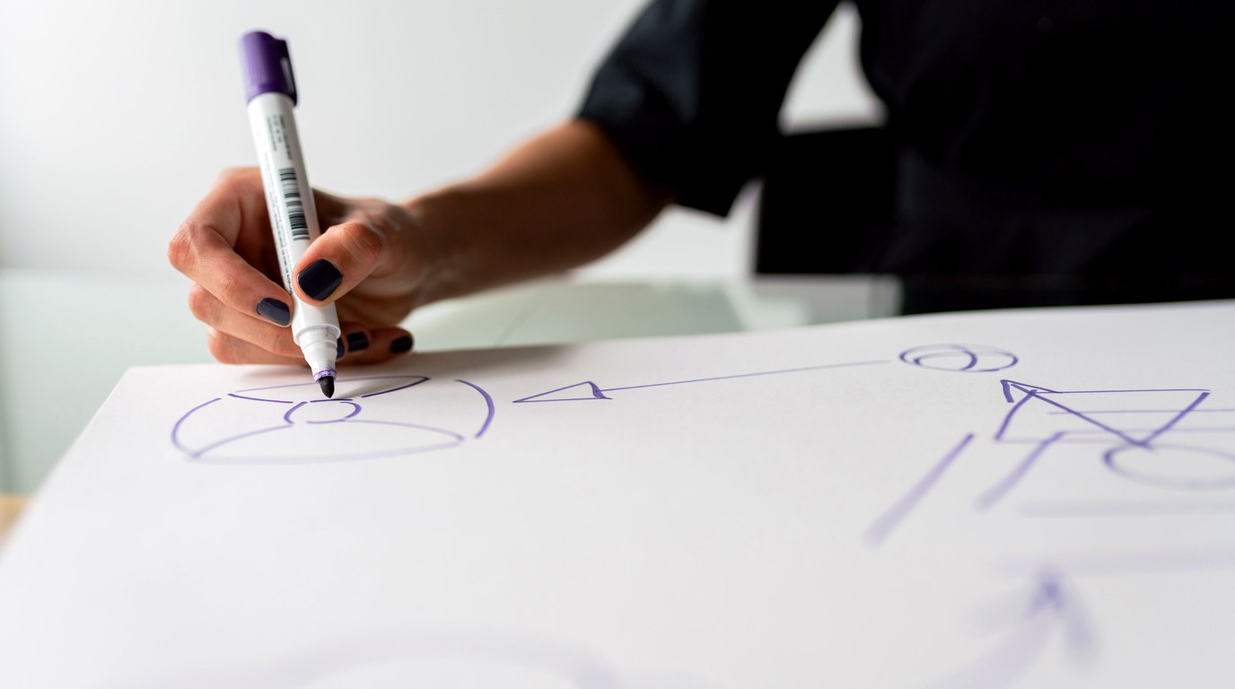Hand zeichnet mit violettem Marker einen Ablaufplan mit Pfeilen auf weißes Papier
