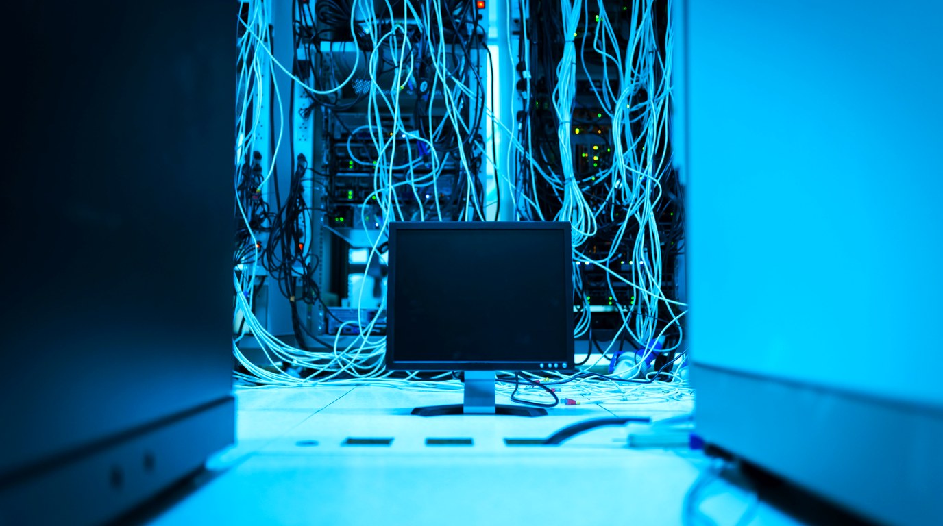 Bildschirm vor einem Serverschrank mit vielen herabhängenden Netzwerkkabeln in blauem Licht