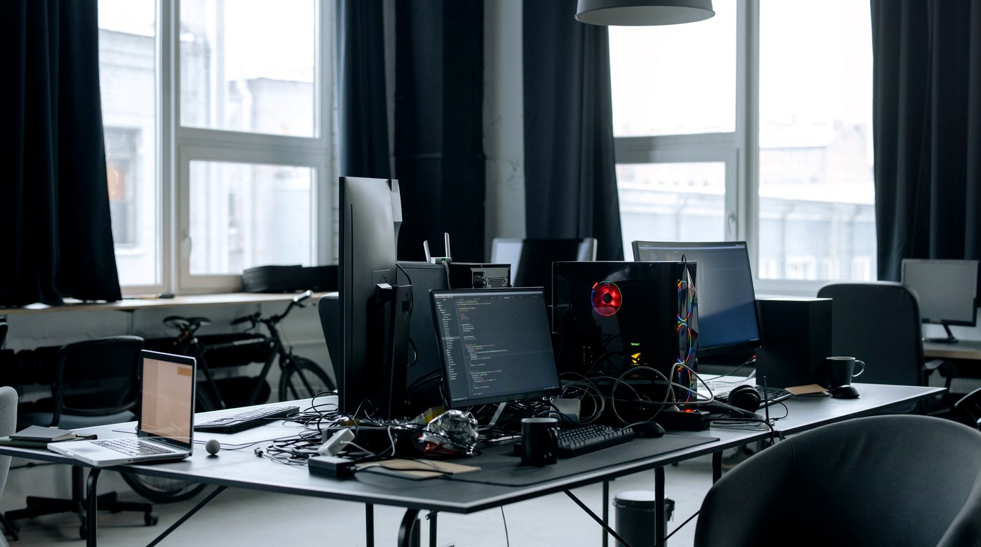 Büroschreibtisch mit zwei Monitoren, Laptop und Tower-PC mit rot beleuchtetem Lüfter vor hohen Fenstern